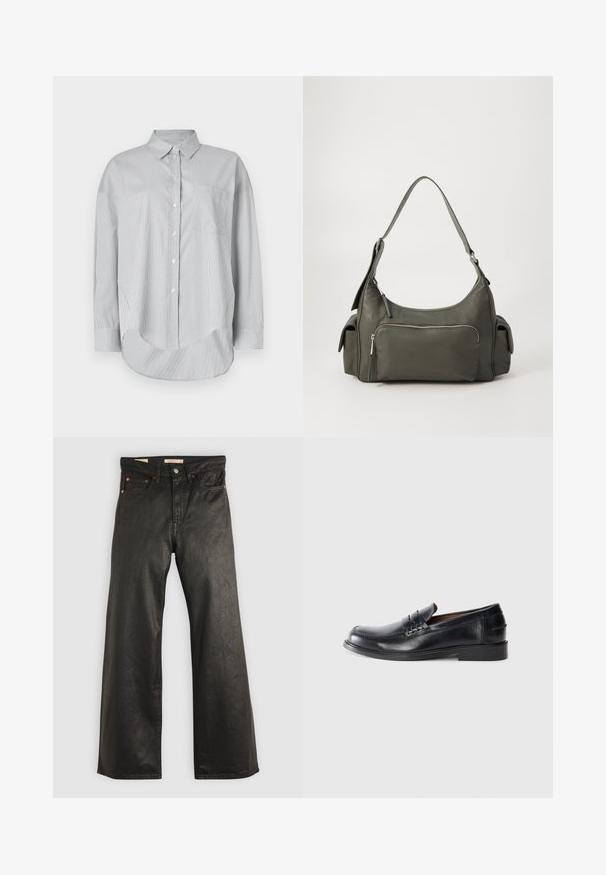 Helehall särg, mis on valmistatud sileda kangaga. Omab peeneid vertikaalseid triibusid, rinna taskut ja kumerat äärt. Pikad varrukad.; Mustad denim laiade jalatsid, millel on sile tekstuur, viie taskuga ja pronksist detailid. Klassikaline nööp-kinnitus.; Mustad nahast loafers ümmarguste varvaste, tikandi detailide ja madala plokknõelaga. Sile tekstuur kerge läikega.; Roheline nahast õlakott, millel on kaarjas disain, eesmine lukuga tasku ja lisakotid külgedel. Sile tekstuur ja minimaalne riistvara.