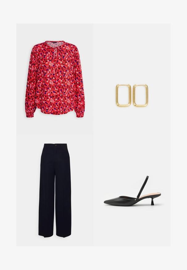 Marks & Spencer TIE NECK BLOUSE - Bluse - red mix; Even&Odd Tall Bukser - dark blue; Sorte slingback-pumper med spidse tå, elegant mat finish, lav vinkelhæl og minimalistisk design. Har en tynd ankelrem.; Guldmetalløshængere med firkantet form, glatte kanter og en poleret overflade, der reflekterer lys med en blank finish.