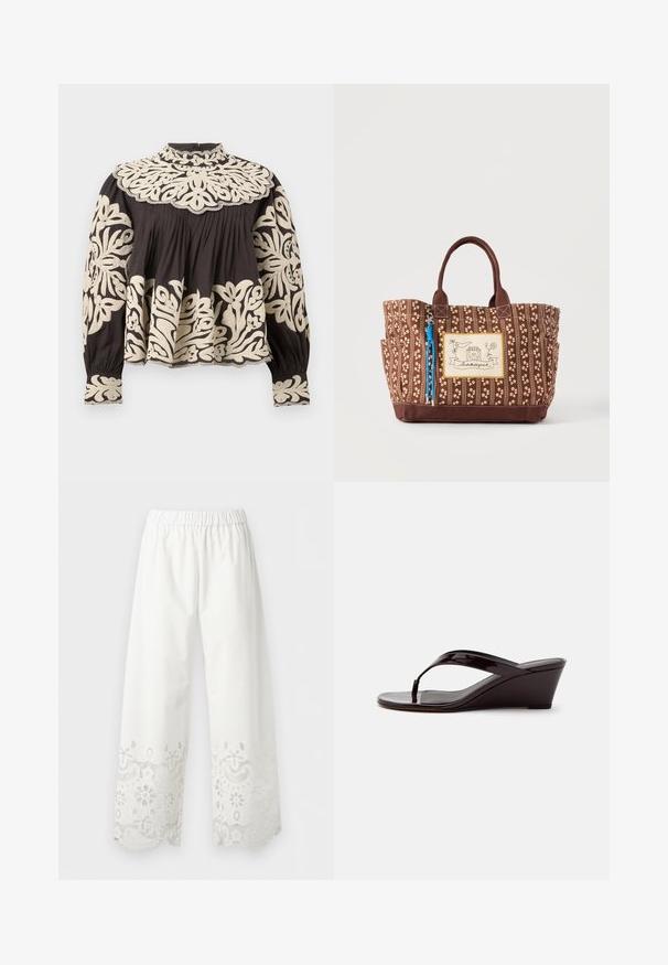 Blouse noire à manches longues avec col montant, ornée d'une grande broderie florale crème sur le yoke, les manches, les poignets et l'ourlet, avec des détails de tissu froncé.; Pantalon blanc à jambes larges avec taille élastique et détails en dentelle florale découpée le long de l'ourlet large.; Sandale compensée en cuir verni marron avec bride entre les orteils et bout ouvert, vue de profil sur un fond uni.; Sac cabas marron à motif floral avec deux anses, poches latérales et un écusson avant représentant une maison et un texte décoratif.