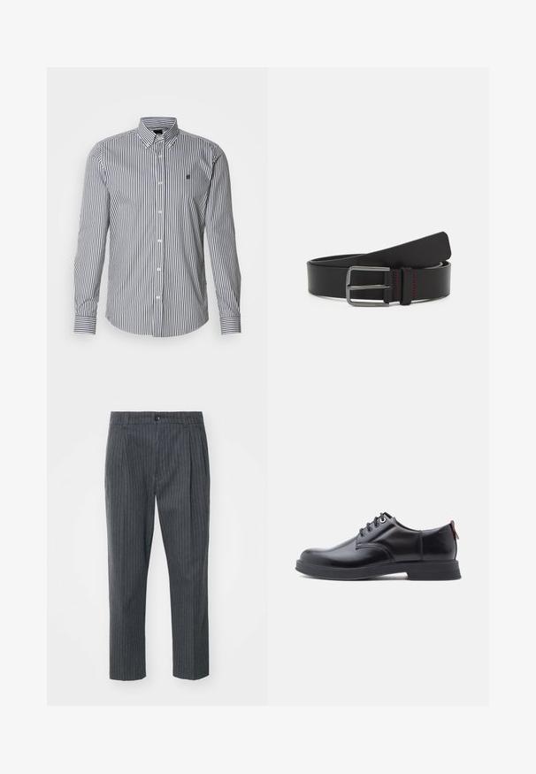 Gestreiftes langärmliges Hemd in Marineblau und Weiß, mit Button-Down-Kragen, vorderer Knopfleiste und Logo-Detail auf der Brust.; Graue Nadelstreifen-Hosen mit geradem Bein, ausgestattet mit einem Knopfverschluss und glattem Stoff. Taillierte Passform mit Falten.; Schwarze Leder-Schnürschuhe mit glatter Textur, rundem Zehenbereich und dezenten Ziernähten. Mit einem roten Laschenband an der Ferse.; Schwarzer Ledergürtel mit flachem Design, metallischer Schnalle und roten Nähten. Glatte Textur und abgerundete Enden.