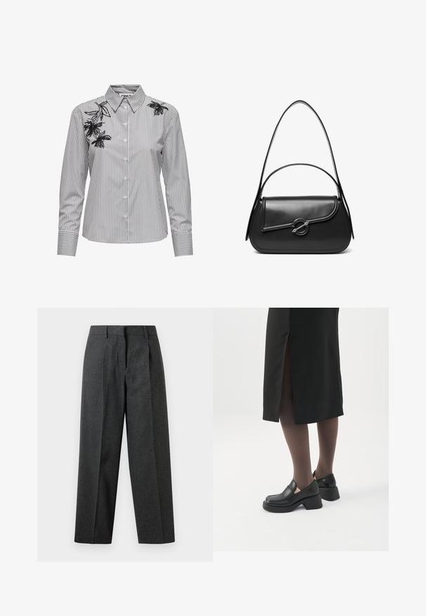 Camisa blanca de botones con rayas verticales negras y bordado floral negro en la parte superior del hombro izquierdo y en el área del cuello derecho.; Pantalones gris oscuro de tiro alto, con pliegues en la parte delantera, perneras anchas y textura suave. Diseño a medida, sin hardware visible ni adornos.; Mujer con mocasines negros de tacón grueso, medias negras transparentes y una falda negra con una abertura trasera sobre un fondo blanco.; Bolso de hombro de cuero negro con una solapa curva asegurada por un broche metálico redondo y una correa delgada y ajustable.