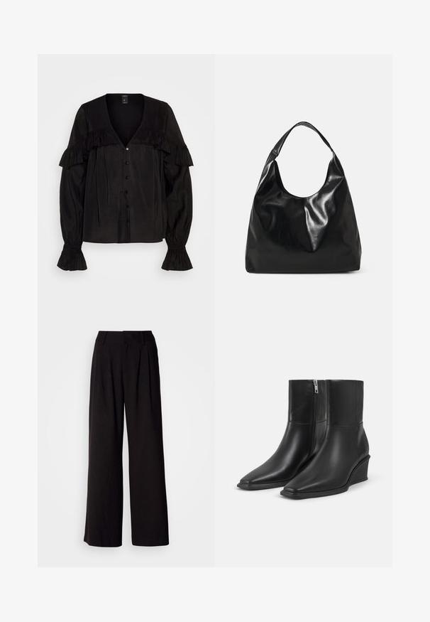 Lindex BLOUSE EMMY - Blúzka - black; Čierne nohavice s širokými nohavicami vyrobené z hladkej látky, s plisovaním vpredu, priliehavým pásom a bez viditeľných vzorov či akcentov.; Pár čiernych kožených členkových topánok so špicatými špičkami, klinovými podpätkami a bočnými zipsmi na jednoduchom svetlom pozadí.; Čierna kožená hobo taška s jemnou, lesklou textúrou a zaobleným, otvoreným vrchom. Obsahuje široký, zakrivený popruh na nosenie. Žiadne viditeľné kovanie.