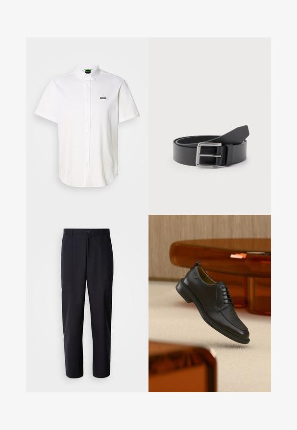 Polo de manga corta blanco hecho de algodón, con diseño de botones, cuello clásico y logo negro "BOSS" en el pecho.; Pantalones oscuros de navy, confeccionados en un tejido suave, con un diseño de pierna recta, dos bolsillos laterales y un cierre de botón en la cintura.; Zapato de vestir negro de piel con cordones y parte delantera texturizada, flotando sobre una alfombra beige en una habitación moderna con muebles de tono ámbar.; Cinturón de cuero negro enrollado con hebilla metálica rectangular plateada grabada con "BOSS" sobre un fondo gris claro.