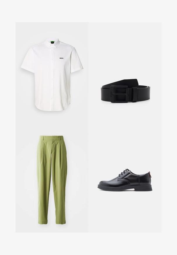 Weißes Poloshirt mit kurzen Ärmeln aus Baumwolle, mit Knopfleiste, klassischem Kragen und schwarzem "BOSS"-Logo auf der Brust.; Hellgrüne Hose aus einem strukturierten Stoff, mit geradem Schnitt, Falten an der Vorderseite und einem normalen Bund.; Schwarze Leder-Schnürschuhe mit glatter Textur, rundem Zehenbereich und dezenten Ziernähten. Mit einem roten Laschenband an der Ferse.; Schwarzer Leder Gürtel mit matter Oberfläche, ausgestattet mit einer rechteckigen Metallschnalle und glatter Textur. Einfaches Design ohne Muster oder Akzente.