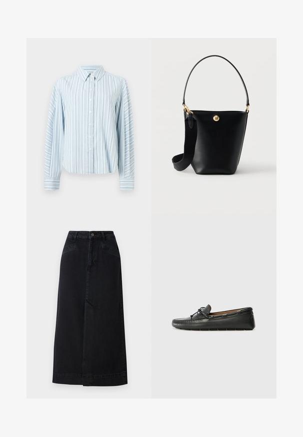 Hellblaues Hemd mit Knopfleiste, vertikalen dünnen marineblauen Streifen und langen Ärmeln, ausgestattet mit einem spitzen Kragen und geknöpften Manschetten.; Schwarzer Denim-Midikleid mit gerader Form, Druckknopfverschluss vorne und seitlichen Taschen mit dezenten Nähte.; Schwarze Lederbootsschuhe mit rundem Zehenbereich, gestickten Details, kleinem Schleifenakzent und Gummisohle. Glatte Textur und schlankes Design.; Schwarze Leder-Bucket-Bag mit kurzem Griff und breitem, abnehmbarem Stoff-Schulterriemen, mit kleinem rundem goldenen Emblem vorne.