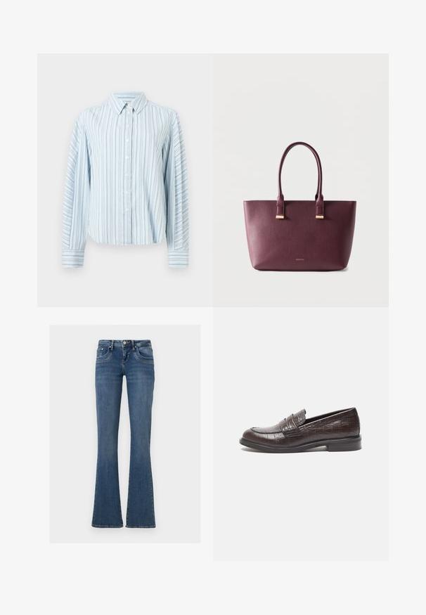 Lyseblå skjorte med knapper, lodrette tynde mørkeblå striber og lange ærmer, der har spids krave og knaplukning ved manchetterne.; Blå denimjeans med mellemhøj talje, fem-lommer-stil, knap- og lynlåslukning samt vide ben mod en ensartet hvid baggrund.; Mørkebrune læder loafers med krokodilletekstur, lav hæl og syede detaljer foran for ekstra design.; Mørkelilla lædertaske med to håndtag og lille guldbrandlogo foran, sat mod en simpel lys baggrund.