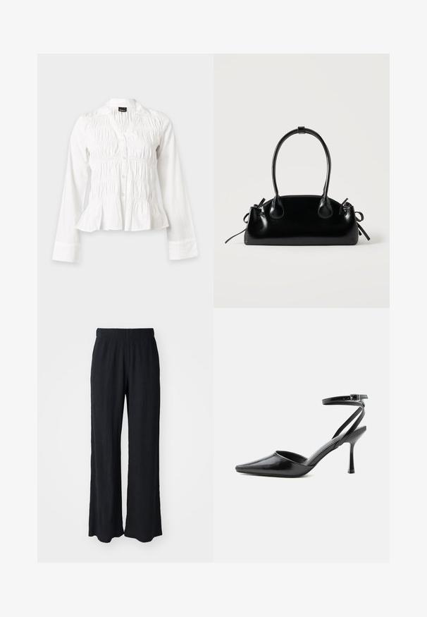 Blouse blanche à manches longues avec boutonnière sur le devant, corsage froncé, col et bas légèrement péplum sur un fond clair uni.; Pantalons larges noirs en tissu texturé avec une taille élastique. Présente une coupe décontractée et un design doux et fluide.; Escarpin noir à bout pointu avec fines brides de cheville et fermeture à boucle argentée sur fond clair uni.; Petit sac à main noir brillant avec deux longues anses et des détails à cordon sur les côtés sur un fond clair uni.