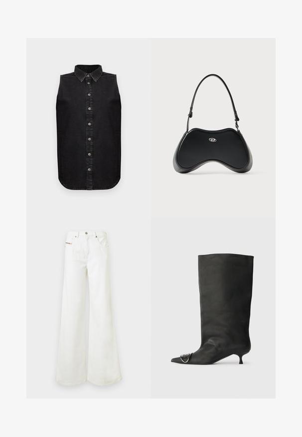 Chemise sans manches en denim noir avec fermeture boutonnée sur le devant et col pointu, présentée sur un fond gris clair uni.; Jeans blancs taille haute à jambes larges avec poches avant et fermeture par bouton, présentés sur un fond uni.; Bottines en cuir noir à bout pointu, petite talon et détail métallique sur le bout. Texture lisse et mate partout.; Sac à main en similicuir noir avec une forme incurvée unique, une poignée courte et un détail de logo argenté sur le devant. Texture lisse, design minimaliste.