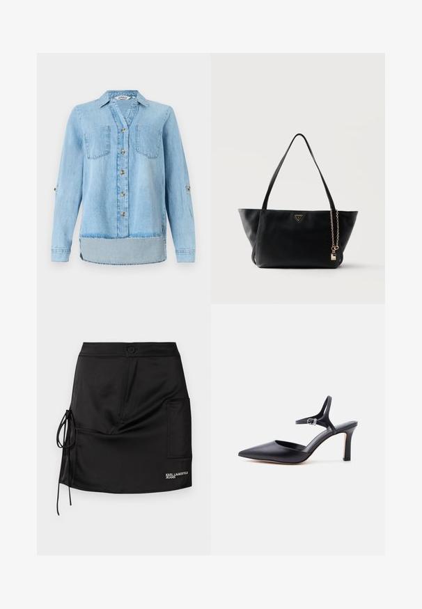 Lys blå denimskjorte med lange ærmer, fuld frontlukning med knapper, to brystlommer og en let buet kant.; Sort satin mininederdel med knaplukning, bånddetalje i siden og et opslagslomme med "KARL LAGERFELD JEANS" branding.; Sort spids højhælet sko med tynd ankelrem og sølvspænde, glat læderfinish, elegant damesko.; Sort læder tote-taske med dobbelte håndtag, trekantet Guess-logo og guldkæde med hængelås vedhæng på ensfarvet baggrund.