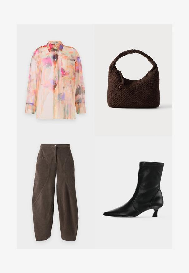 Gennemsigtig bluse med lange ærmer i pastelfarver med et blomster-vandfarvemønster, der har en krave, forreste knapper og en brystlomme.; Brune bredbenede fløjlsbukser med høj talje, frontknaplukning og skrå sømdetaljer på benene.; Sort læderstøvle til midt på læggen med spids tå og lav kittenhæl, vist fra siden på en ensartet lys baggrund.; Brun flettet håndtaske med rundt håndtag, lavet af tekstureret materiale. Har lynlås lukning og en lille logo detalje.