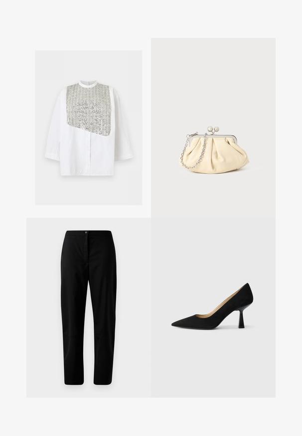Chemise blanche boutonnée avec manches longues et un panneau de sequins argentés couvrant en diagonale le devant de la poitrine.; Pantalons droits noirs avec fermeture à bouton et à zip, tissu lisse et détails minimaux sur un fond clair.; Pompe à talons hauts en suède noir avec un bout pointu, dotée d'un talon bloc noir brillant et d'une doublure intérieure lisse.; Pochette en cuir beige plissé avec un cadre en métal argenté, dotée de deux fermoirs ronds décoratifs et d'une chaîne en argent.