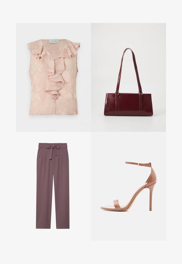 Blouse sans manches rose pâle avec motif jacquard floral et détail en volants cascades sur le devant et le décolleté.; Pantalons larges de couleur prune avec une taille ceinturée, un devant plissé et une texture lisse. Comprend des poches latérales et un design ajusté.; Sandales à talons en cuir verni nude avec une fine bride à la cheville, design à bout ouvert et talon aiguille. Texture lisse et style minimaliste.; Sac à main bordeaux en matériau brillant, de forme rectangulaire, avec deux anses et des accents légèrement courbés à l'avant.