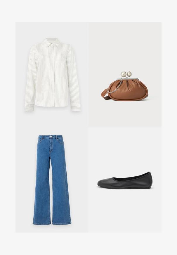 Witte overhemd met verticale lichtgrijze en blauwe strepen, lange mouwen, standaard kraag en rechte snit aan de onderrand.; Brede blauwe denim jeans met een hoge taille, voorzakken en een knoopsluiting. De stof heeft een gladde textuur en een klassiek stikselpatroon.; Zwarte leren ballerina met een ronde neus, gladde textuur, minimale stikdetails en een flexibele zoolontwerp.; Bruine leren clutch met een zilveren balsluiting en een klein zilveren kettingdetail op een witte achtergrond.