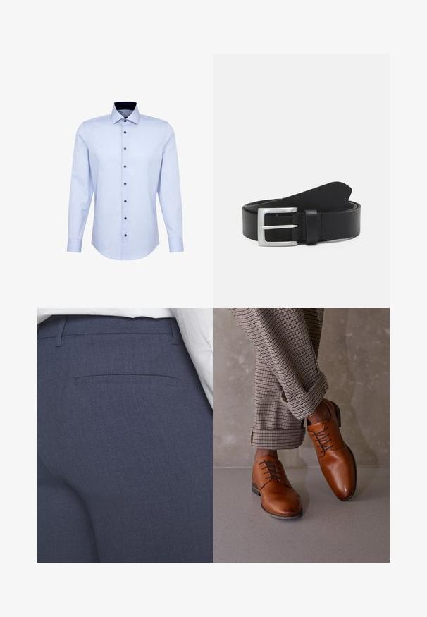 Chemise habillée bleu clair à manches longues avec des boutons foncés et un col intérieur contrastant foncé, présentée sur un fond blanc.; Pantalon bleu marine sur mesure en tissu texturé, avec un devant plat, une poche arrière discrète et des lignes épurées. Sans accessoires ni ornements visibles.; Des chaussures en cuir marron présentent un bout arrondi, un laçage à cinq œillets et des lacets sombres contrastés. Le pantalon est à carreaux, retroussé aux poignets.; Ceinture en cuir noir avec une texture lisse, boucle rectangulaire en argent et une boucle pour l'extrémité. Présente des coutures soignées le long des bords.