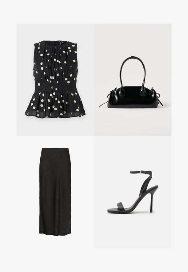 Haut sans manches noir à pois blancs, avec un design plissé et un ourlet en peplum. Le tissu semble léger et texturé. Fermeture éclair à l'arrière.; Jupe noire, longue jusqu'au sol, en tissu texturé. Dotée d'une taille lisse, d'un léger drapé et d'un design minimal sans détails supplémentaires.; Sandale à talons hauts noire avec une fine sangle au niveau de la cheville et deux bandes à l'avant. Fabriquée en cuir lisse avec un bout pointu élégant et un talon aiguille.; Petit sac à main noir brillant avec deux longues anses et des détails à cordon sur les côtés sur un fond clair uni.
