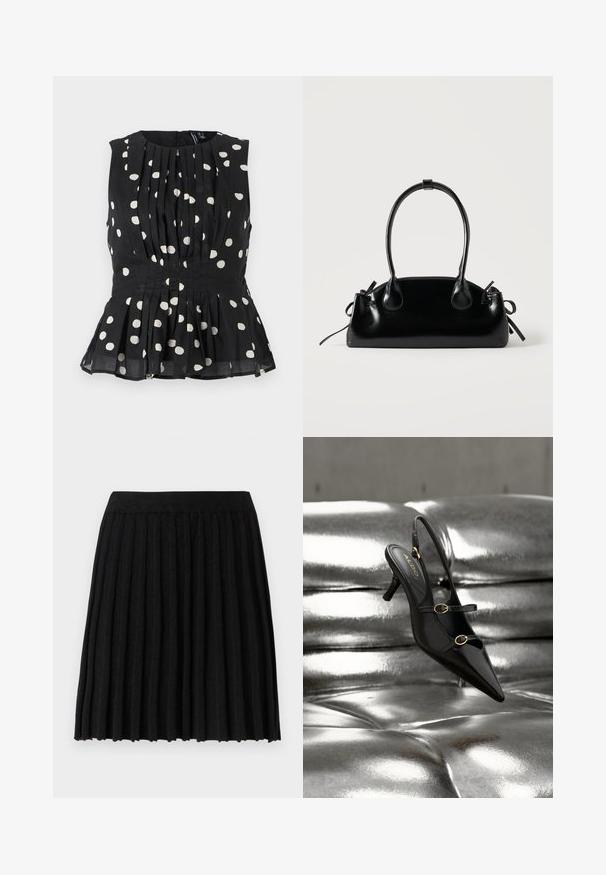 Zwarte mouwloze top met witte stippen, met een geplisseerd ontwerp en een peplumzoom. De stof lijkt lichtgewicht en gestructureerd. Achterzijde met ritssluiting.; Vero Moda Knitted VMMARINA Short - Minirok - black; Zwarte slingback hak met puntige neus en twee gouden gespen, rustend op een glanzend zilveren gepolsterd oppervlak.; Kleine zwarte glanzende handtas met twee lange hengsels en zijkant trekkoord details op een effen lichte achtergrond.