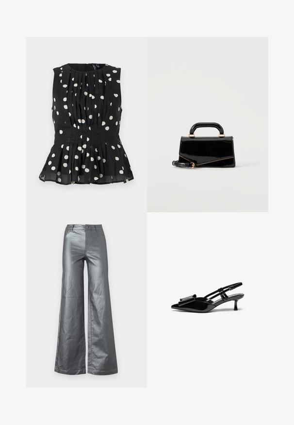Haut sans manches noir à pois blancs, avec un design plissé et un ourlet en peplum. Le tissu semble léger et texturé. Fermeture éclair à l'arrière.; Pantalons à jambes larges en tissu métallique argenté brillant. Comprend des poches avant, une fermeture à bouton et des ourlets droits. Texture lisse et design épuré.; Talons aiguilles en cuir verni noir avec un bout pointu, un détail en nœud à l'avant et un petit talon stiletto. Les brides sont équipées de boucles ajustables.; Sac à main rectangulaire noir brillant avec poignée supérieure, ferrures dorées et bandoulière amovible, posé sur un fond clair uni.
