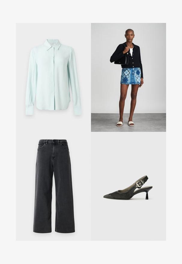 Lyseblå langærmet skjorte med knapper, spids krave og manchetter, vist forfra på ensfarvet baggrund.; Sorte denim jeans med bred benvidde, frontknap og lynlås, bæltestropper og frontlommer på en ensfarvet hvid baggrund.; Sort slingback sko med spids tå, vævet netstruktur og spændeaccent ved hælen. Slank, buet hæl. Glatte detaljer i læder.; Sort striktrøje, hvid top, denimnederdel med blå og sort diamantmønster, sort håndtaske og beige slidesandaler.