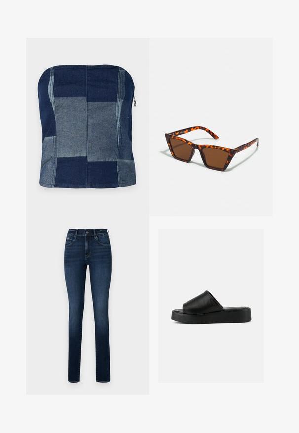 Denim top bez ramienok v námorníckej modrej farbe, obsahujúci patchworkový dizajn s rôznymi odtieňmi, hladkú textúru a detail so zipsom na boku.; Tmavomodré džíny vyrobené z denimu, so strihom rovného nohavíc, dizajnom s piatimi vreckami a gombíkovým zapínaním v páse.; Čierna platformová sandála na nazutie s širokým koženým pásikom a hrubou podrážkou, zobrazená z profilu na jednoduchom sivom pozadí.; Hnedé slnečné okuliare s motívom korytnačiny, ostré rámy a štíhle nožičky. Ľahký plastový materiál.
