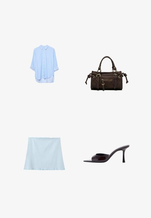 Chemise à manches longues bleu clair à boutons, avec de fines rayures blanches verticales et manches retroussées, présentée sur un fond blanc.; Haut tube en maille bleu clair avec bords volantés en haut et en bas, posé à plat sur un fond blanc.; Mule en cuir verni noir à bout ouvert avec un talon stiletto fin de hauteur moyenne et une bride supérieure basse.; Sac à main en cuir marron foncé avec double poignée, poche avant zippée, boucles décoratives et nœuds latéraux sur fond blanc.