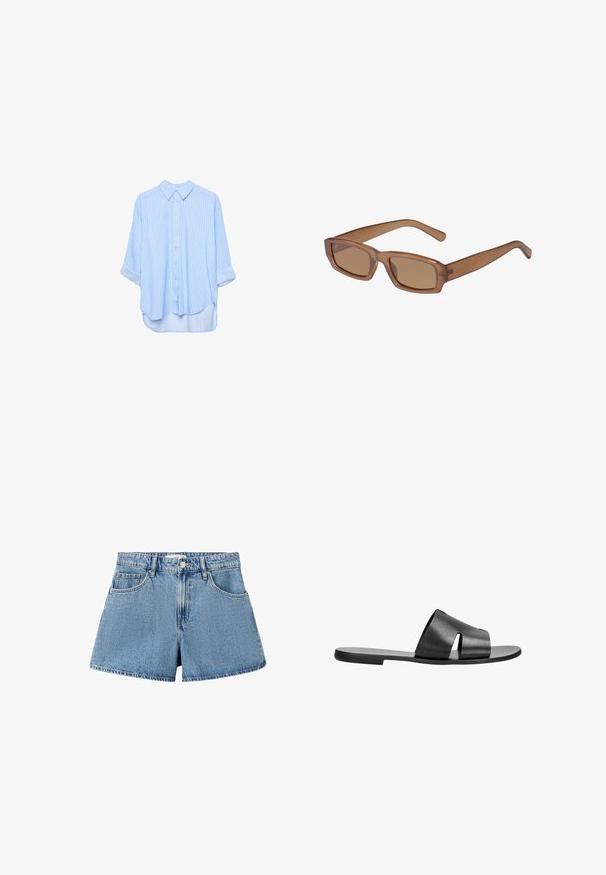 Chemise à manches longues bleu clair à boutons, avec de fines rayures blanches verticales et manches retroussées, présentée sur un fond blanc.; Short en denim bleu avec bouton sur le devant, passants de ceinture, deux poches avant et une petite poche à monnaie, présenté sur fond blanc.; Sandales en cuir noir avec une large bride à motif découpé, semelle plate et texture lisse, adaptées pour un usage décontracté.; Lunettes de soleil brunes, rectangulaires, avec une monture transparente, des branches fines et des verres teintés, offrant une texture lisse et un design moderne.