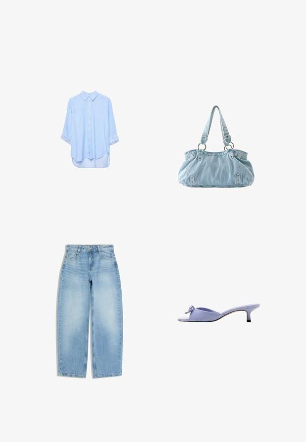 Chemise à manches longues bleu clair à boutons, avec de fines rayures blanches verticales et manches retroussées, présentée sur un fond blanc.; Jean large bleu clair avec poches avant, passants pour ceinture et fermeture par bouton sur fond blanc.; Mule lavande à bout ouvert avec petit talon et nœud décoratif sur la partie supérieure, vue de profil sur fond blanc.; Sac à main en denim bleu clair avec deux bretelles attachées à des anneaux métalliques et des rivets décoratifs à l'avant et sur les côtés.
