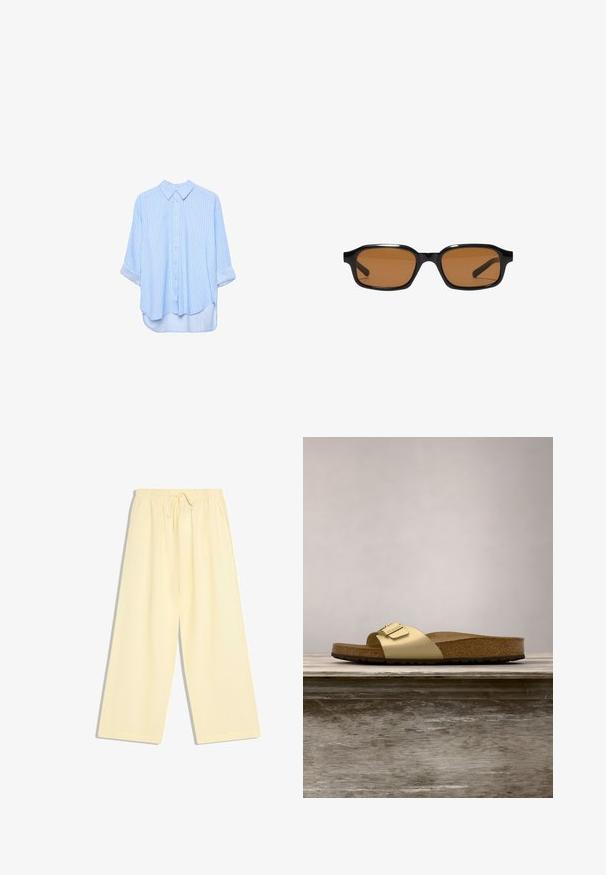 Chemise à manches longues bleu clair à boutons, avec de fines rayures blanches verticales et manches retroussées, présentée sur un fond blanc.; Pantalon ample jaune pâle à jambes larges avec taille élastique et cordon de serrage, sans motifs ni poches visibles.; Sandale glissante synthétique dorée avec une seule sangle et un accent de boucle, dotée d'un pied en liège brun et d'une semelle en caoutchouc texturé.; Lunettes de soleil rectangulaires noires avec des montures épaisses et des verres teintés marron, vues de face sur un fond blanc.