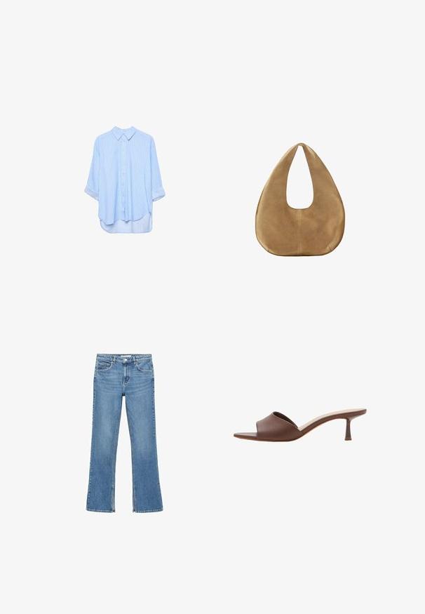 Lyseblå skjorte med lange ærmer, knapper og tynde hvide lodrette striber, med ærmerne rullet op, vist på en hvid baggrund.; Lysblå denim flared jeans med en mid-rise talje, fem lommer og subtil fading. Benene udvider sig mod bunden. Ingen pynt.; Brun læder åben tå-mule med lav, slank kittenhæl og polstret indersål, vist på hvid baggrund.; Tanfarvet ruskinds-hobo-taske med bred, rundet krop og enkelt fladt håndtag, vist mod en ensfarvet hvid baggrund.