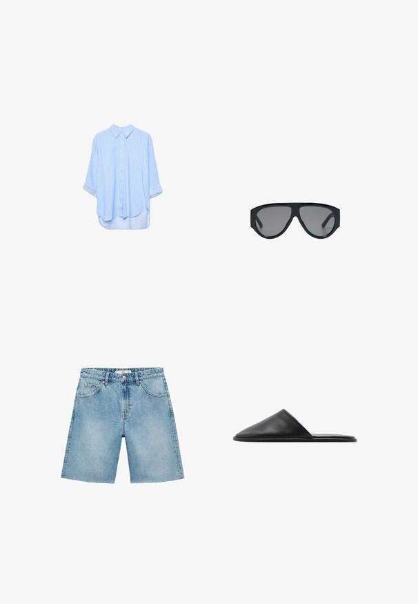 Lyseblå skjorte med lange ærmer, knapper og tynde hvide lodrette striber, med ærmerne rullet op, vist på en hvid baggrund.; Lyseblå denimshorts med lige snit, fem lommer, frontlukning med knap og flosset kantdetalje. Klassisk denimtekstur.; Sorte læder slidesandaler med spids tå og minimalistisk design. Glat tekstur med flad sål og ingen synlig hardware.; Store sorte pilot-solbriller med mørketonede linser, vist mod en hvid baggrund.