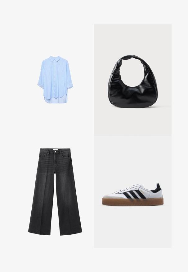 Lyseblå skjorte med lange ærmer, knapper og tynde hvide lodrette striber, med ærmerne rullet op, vist på en hvid baggrund.; Sorte denimjeans med vide ben og højtaljet pasform, med fem lommer, knaplukning og diskrete slidte detaljer for tekstur.; Hvide lædersneakers med sorte striber, gummirubber sål, rund tå, snørelukning og blød grå ruskinds tåhætte.; Sort faux læder håndtaske med en unik halvmåneform, et bredt, polstret håndtag og en lynlåslukning. Glat, blank tekstur og minimalistisk design.