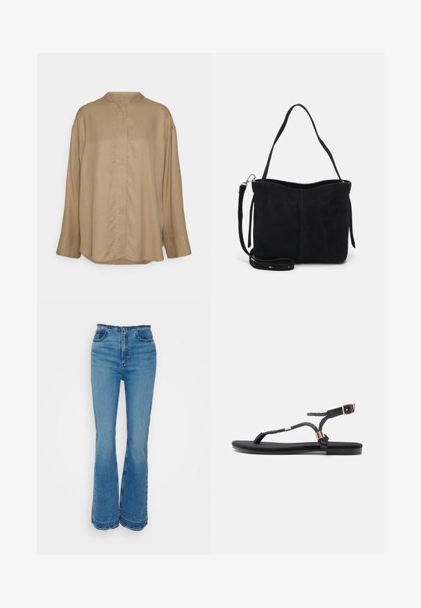Libertine-Libertine IRON - Skjortebluser - tan; rag & bone PEYTON - Jeans Bootcut - misty; Sorte flade sandaler med flettede stropper og en metallisk detalje. Har en justerbar spænde og flad gummisål for komfort.; Sort ruskinds totebag med en blød tekstur, der har en enkelt skulderrem og en aftagelig crossbody-rem. Åben, ustruktureret design.