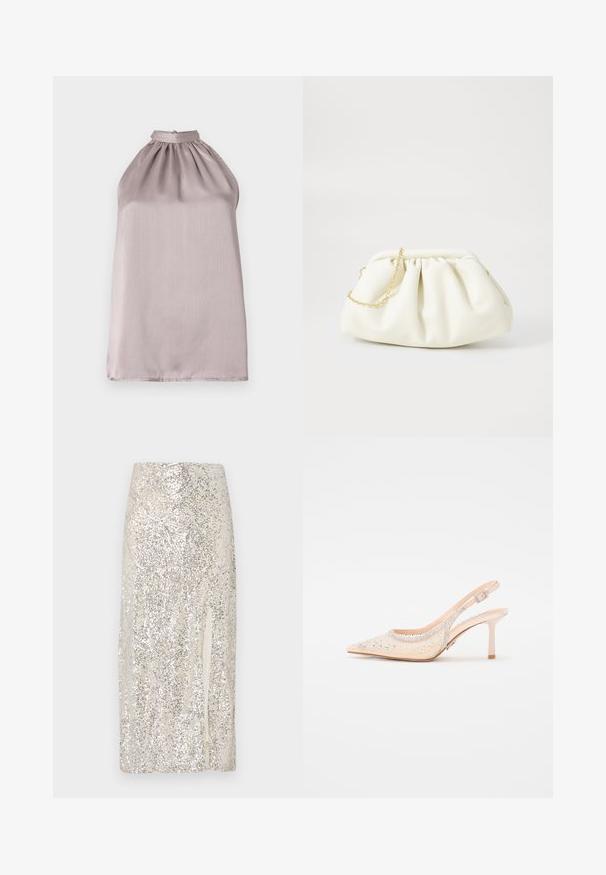 Halternektop zonder mouwen in licht mauve satijn met geplooide details bij de halslijn en een gladde, licht reflecterende textuur.; Creme midi-rok met pailletten, voorzien van een split aan één kant. Heeft een zachte textuur en een getailleerde pasvorm.; Steve Madden VERO - Hoge hakken - champagne; Witte leren handtas met een geassembleerd ontwerp, voorzien van een gouden kettingband en een ronde vorm. Gladde textuur met zachte plooien en geen patronen.