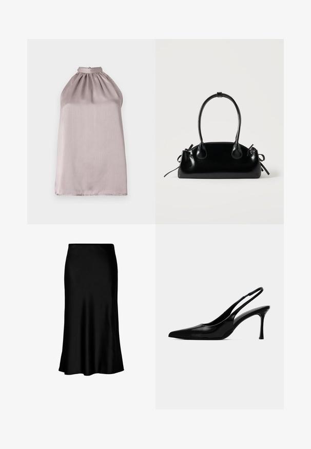 Top sin mangas con cuello halter en satén púrpura claro, con detalles fruncidos en el escote y una textura suave y ligeramente reflectante.; Falda midi de satén negro con una textura suave, dobladillo acampanado y una cinturilla ajustada, que presenta un diseño simple y clásico.; Tacón slingback de charol negro con punta afilada, diseño elegante y tacón stiletto estrecho. Textura suave, adornos minimalistas.; Pequeño bolso negro brillante con dos asas largas y detalles de cordón lateral sobre un fondo claro liso.