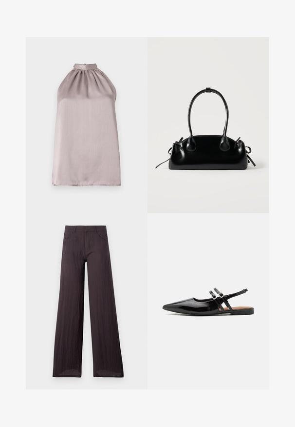 Haut sans manches à col halter en satin léger mauve avec des détails froncés au niveau du décolleté et une texture lisse et légèrement réfléchissante.; Pantalons larges gris foncé en tissu léger et texturé avec une finition lisse, dotés de poches frontales et d'une taille classique.; Des chaussures slingbacks en cuir verni noir présentent un bout pointu, deux sangles avec des accents de boucle, et une semelle plate.; Petit sac à main noir brillant avec deux longues anses et des détails à cordon sur les côtés sur un fond clair uni.