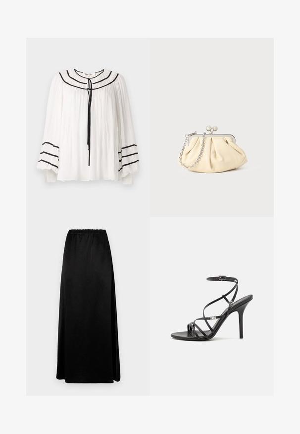 Witte blouse met lange mouwen, voorzien van zwart gestreepte accenten en een geplisseerde textuur. Ronde halslijn met een striksluiting aan de voorkant.; Lange zwarte rok met een gladde, gekreukte textuur en een elastische tailleband. Voorzien van een zijsplit voor gemakkelijke beweging en een slanke silhouette.; Zwarte hoge hakken sandaal met dunne banden, een enkelgesp, een gladleren oppervlak en een slanke stilettohak.; Geplooide beige leren clutch met een zilveren metalen frame, voorzien van twee ronde decoratieve sluitingen en een zilveren kettingriem.