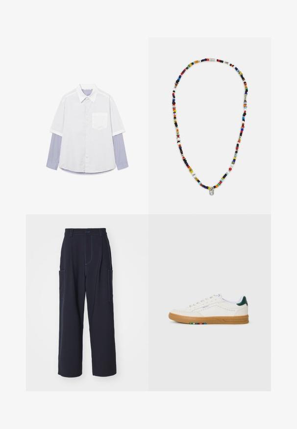 Chemise blanche à manches courtes portée sur une chemise à manches longues rayée bleu et blanc avec poignets boutonnés et poche poitrine.; Pantalons cargo navy avec coutures bleues, ceinture élastique, deux poches latérales, coupe droite et texture de tissu douce.; Baskets en cuir blanc avec design perforé, semelle en caoutchouc translucide, accent de talon vert et détail à rayures colorées sur le côté.; Collier de perles colorées présentant différentes formes et tailles, avec des accents métalliques et de petits charms décoratifs. Principalement multicolore.
