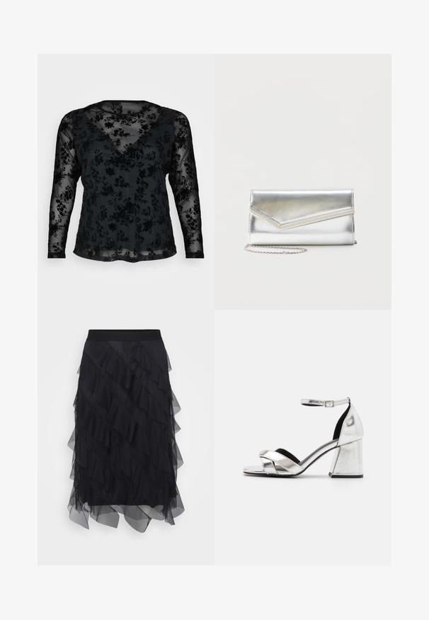 Blusa negra de manga larga con un patrón floral en tejido transparente, escote en V y corte holgado. Textura suave con diseño en capas.; Falda de tul negra con volantes en capas, una cinturilla elástica y una silueta fluida. La textura transparente aporta ligereza y movimiento.; Sandalias de tacón alto metálicas plateadas con diseño de tiras cruzadas, correa en el tobillo y tacón bloque. Superficie suave con forro interior negro.; Bolso clutch plateado brillante con solapa de estilo sobre y adorno decorativo, pequeña correa de cadena plateada, sobre fondo liso claro.