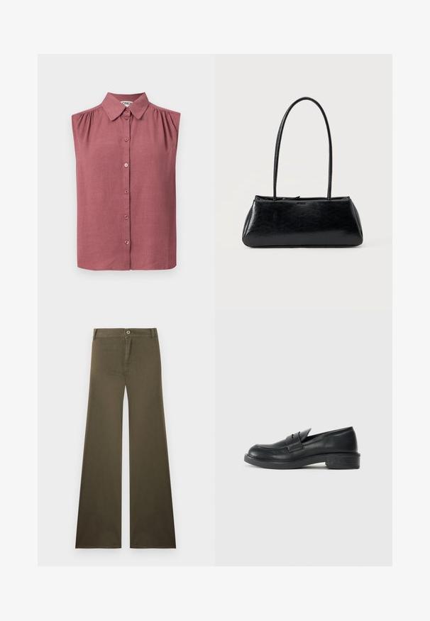 Top sin mangas con botones y cuello en rosa polvo, con leves fruncidos en las costuras de los hombros y un dobladillo recto.; Pantalones de pierna ancha de cintura alta en verde oliva, con cierre de botón y cremallera, bolsillos delanteros y trabillas para cinturón.; Mocasines de cuero negro con punta redondeada, detalles de costura y un pequeño tacón. Textura suave y suela de goma flexible.; Bolso de hombro rectangular negro con correas largas y delgadas y una textura lisa y brillante sobre un fondo liso.