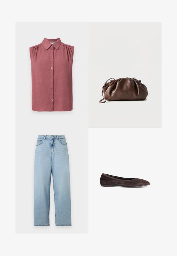 Ærmeløs bluse med knapper og krave i støvet rosa, med lette rynker ved skuldersømmene og en lige kant.; Lyseblå jeans med høj talje og vide ben, med knaplukning foran, lynlås og klassisk femlomme-design.; Brune ruskinds ballerina med spids tå og lav profil. Har en glat tekstur og minimalistisk design. Ingen synlig hardware eller accenter.; Blød brun læderpung med samlet top og tynd strop, hvilende på hvid baggrund.
