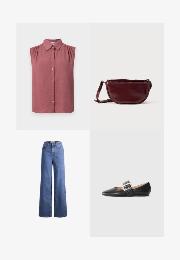 Ærmeløs bluse med knapper og krave i støvet rosa, med lette rynker ved skuldersømmene og en lige kant.; Lyseblå denim brede bukser med høj talje, to frontlommer og synlige stikninger. Har en knap- og lynlåslukning.; Sort læder flad sko med spidst tåparti og en dekorativ spænde-rem med sølvfarvet hardware og små udskæringer.; Vinrød læderhåndtaske med halvmåneform, lynlås og aftagelig rem. Glat tekstur med en subtil glans.