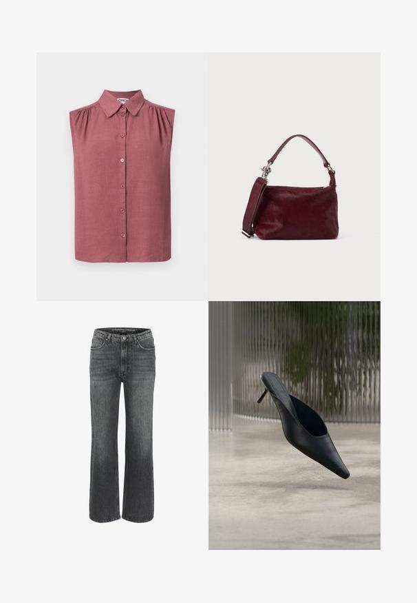 Mouwloos hemdje met knopen en kraag in poederroze, met lichte plooien bij de schoudernaden en een rechte zoom.; Wijd uitgesneden jeans in donkergrijze denim, met een klassieke vijf-pocketontwerp, gestikte details en een knoopsluiting in de taille.; Zwarte mule met puntige neus en dunne hoge hak, die boven een gladde betonnen vloer zweeft, met een wazige verticale gestreepte achtergrond.; Kleine rechthoekige bordeauxrode handtas met gestructureerde afwerking, korte handgreep en afneembare schouderriem op een effen lichte achtergrond.
