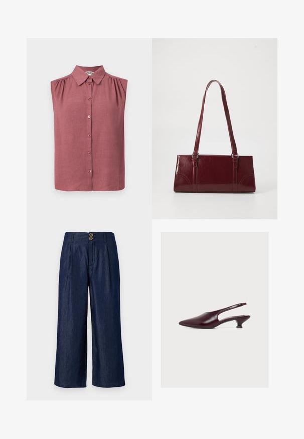 Mouwloos hemdje met knopen en kraag in poederroze, met lichte plooien bij de schoudernaden en een rechte zoom.; Wijde denim broek in donkerblauw met een sluiting aan de voorkant met twee knopen, voorzien van plooien, een gladde textuur en een rechte zoom.; Bordeauxrode slingback schoen met spits toelopende neus, lage kittenhak en een gladde leren afwerking, vanuit de zijkant getoond op een witte achtergrond.; Bourgondische handtas van glanzend materiaal, rechthoekige vorm, met twee schouderbanden en subtiele gebogen accenten aan de voorkant.