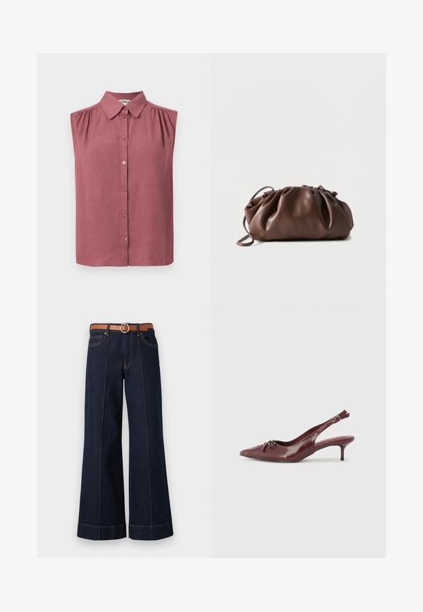 Ærmeløs bluse med knapper og krave i støvet rosa, med lette rynker ved skuldersømmene og en lige kant.; Mørkeblå denim wide-leg jeans med høj talje, brun bælte og synlige syningsdetaljer. Har forlommer og en afslappet pasform.; Bordeaux læder slingback hæl med spidse tå, justerbar rem og dekorativ sløjfedetalje foran. 7,5 cm hælhøjde.; Blød brun læderpung med samlet top og tynd strop, hvilende på hvid baggrund.