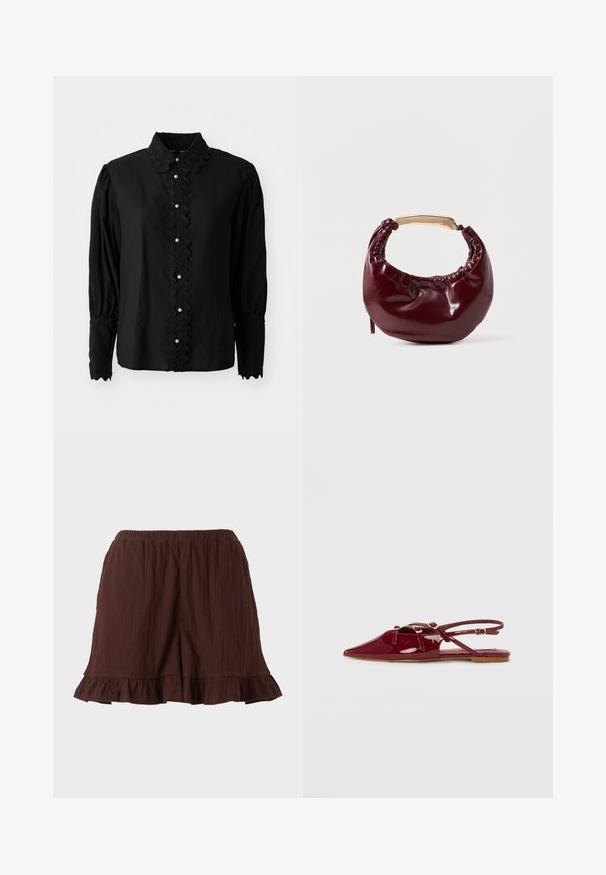 Blouse noire à manches longues avec un col festonné et une patte de boutonnage ornée de perles. Fabriquée en tissu léger avec des détails texturés.; Shorts en tissu brun texturé avec ceinture élastique et ourlets volantés sur un fond uni clair.; Chaussure slingback en cuir verni rouge avec un bout pointu, dotée de fines lanières et d'accents en matériel doré. Semelle plate avec une finition lisse.; Sac à main en simili cuir bordeaux avec une forme arrondie, des détails froncés et une anse en métal doré. Texture lisse et finition brillante.
