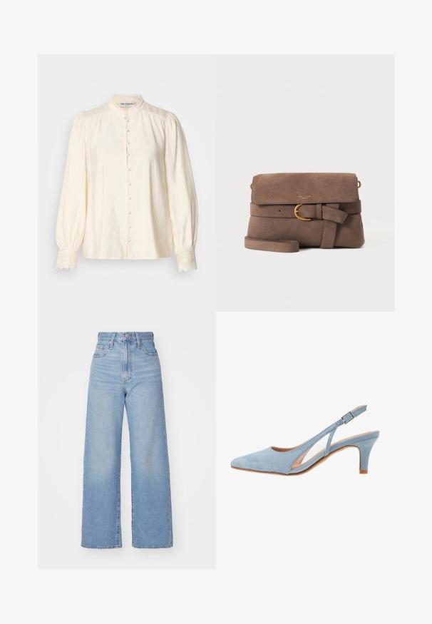 Witte blouse met een hoge kraag, knoopsluiting aan de voorkant en puffmouwen. Heeft kantafwerking op de mouwen en een subtiele textuur in de stof.; Lichtblauwe high-waist wijde jeans met een knoop- en ritssluiting aan de voorkant, voor- en achterzakken, op een witte achtergrond.; Lichtblauwe nubuck slingback hak, puntige neus, verstelbaar enkelbandje met metalen gesp, natuurlijke beige binnenzool en lage hak.; Bruine suède crossbodytas met voorflap, decoratieve band met gouden gesp en dunne schouderriem op een witte achtergrond.