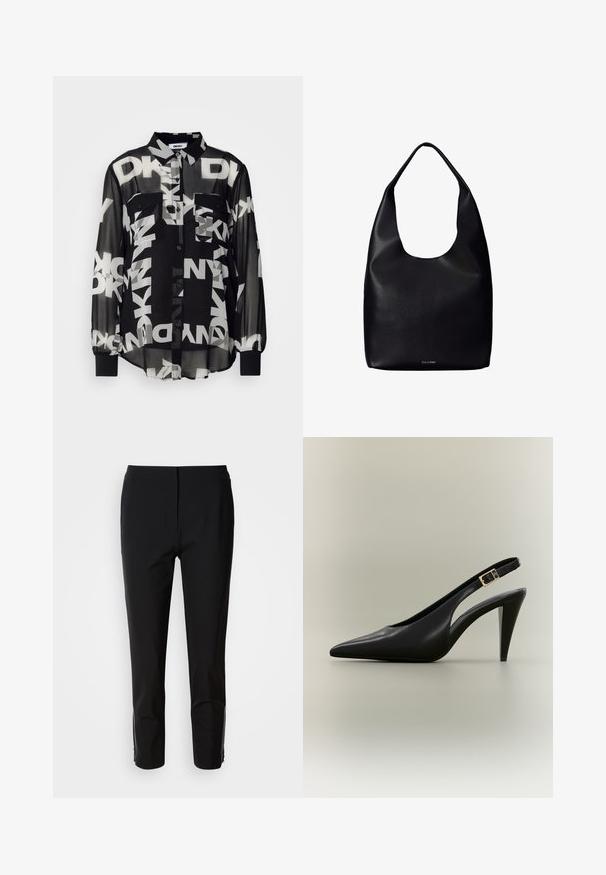 Chemise noire transparente à boutons avec de grands logos blancs DKNY, deux poches avant et des poignets élastiques sur les longues manches. Tissu léger.; Un pantalon noir avec une coupe droite, fabriqué en tissu lisse. Présente des accents zippés sur les côtés inférieurs. Un style épuré et minimaliste.; Escarpin à bride arrière en cuir noir avec bout pointu, boucle dorée et talon effilé sur un fond neutre.; Sac fourre-tout en cuir noir avec une seule large bandoulière et un logo Calvin Klein discret au centre inférieur.