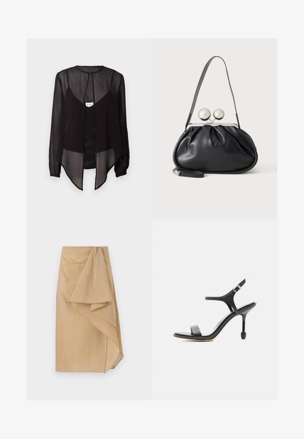 Zwarte doorzichtige blouse met lange mouwen, hoge hals en een asymmetrische zoom. Bevat een sluiting met knopen aan de voorkant en gelaagde designelementen.; Beige wikkelrok van lichtgewicht stof met een asymmetrische draping, voorzien van een gegarneerde tailleband en een gladde textuur. Geen zichtbare sluitingen.; Zwarte leren sandaal met hoge hak, dunne bandjes, open teen en verstelbare enkelgesp, weergegeven tegen een effen witte achtergrond.; Zwarte leren handtas met een geplooid ontwerp, een enkele schouderband, zilverkleurige metalen omlijsting en twee grote ronde zilveren sluitingen.