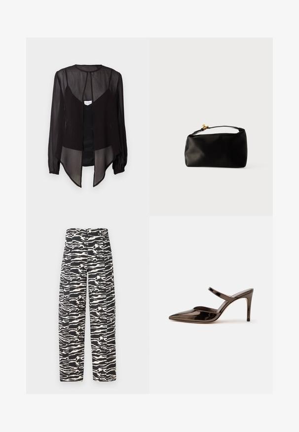 Sort gennemsigtig bluse med lange ærmer, høj hals og en asymmetrisk kant. Har en frontknaplukning og lagdelte designelementer.; Zebra-stribede bukser i sort og hvid med lige ben, der har en knap- og lynlåslukning samt to frontlommer.; Skinnende mørkebrune mule med spids tå og høje hæle med en tynd rem over foden på en ensfarvet hvid baggrund.; Sort satinpung med en afrundet form, et håndtag i toppen og en guldaccentlås. Glat tekstur med et minimalistisk design.