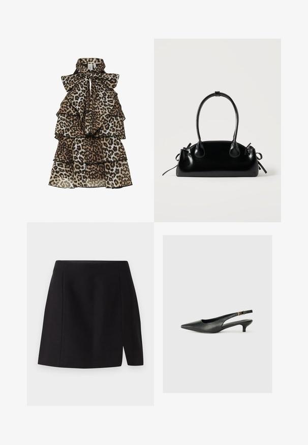 Vestido sin mangas de estampado de leopardo con volantes en capas y un gran lazo atado en el cuello alto.; Mini falda negra hecha de una tela suave, con una cintura ajustada y una abertura frontal que añade un toque moderno a su diseño sencillo.; Zapato de tacón slingback negro de punta afilada, hecho de cuero suave. Presenta un tacón delgado y un detalle de hebilla en la correa ajustable.; Pequeño bolso negro brillante con dos asas largas y detalles de cordón lateral sobre un fondo claro liso.