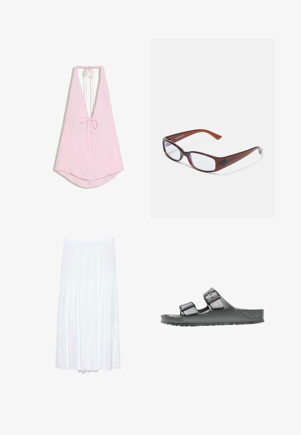 Top dos nu rose clair avec un profond décolleté en V et des liens au niveau du cou et à l'avant, avec un ourlet légèrement arrondi.; Jupe longue blanche à étages avec taille élastique et texture verticale subtile, tissu fluide et léger.; Sandale grise avec deux sangles réglables, finition texturée, semelle large et semelle anatomique pour le confort. Design léger et flexible.; Lunettes rectangulaires teintées de brun avec une finition brillante, dotées de branches fines et de verres transparents. Logo visible sur la branche gauche.